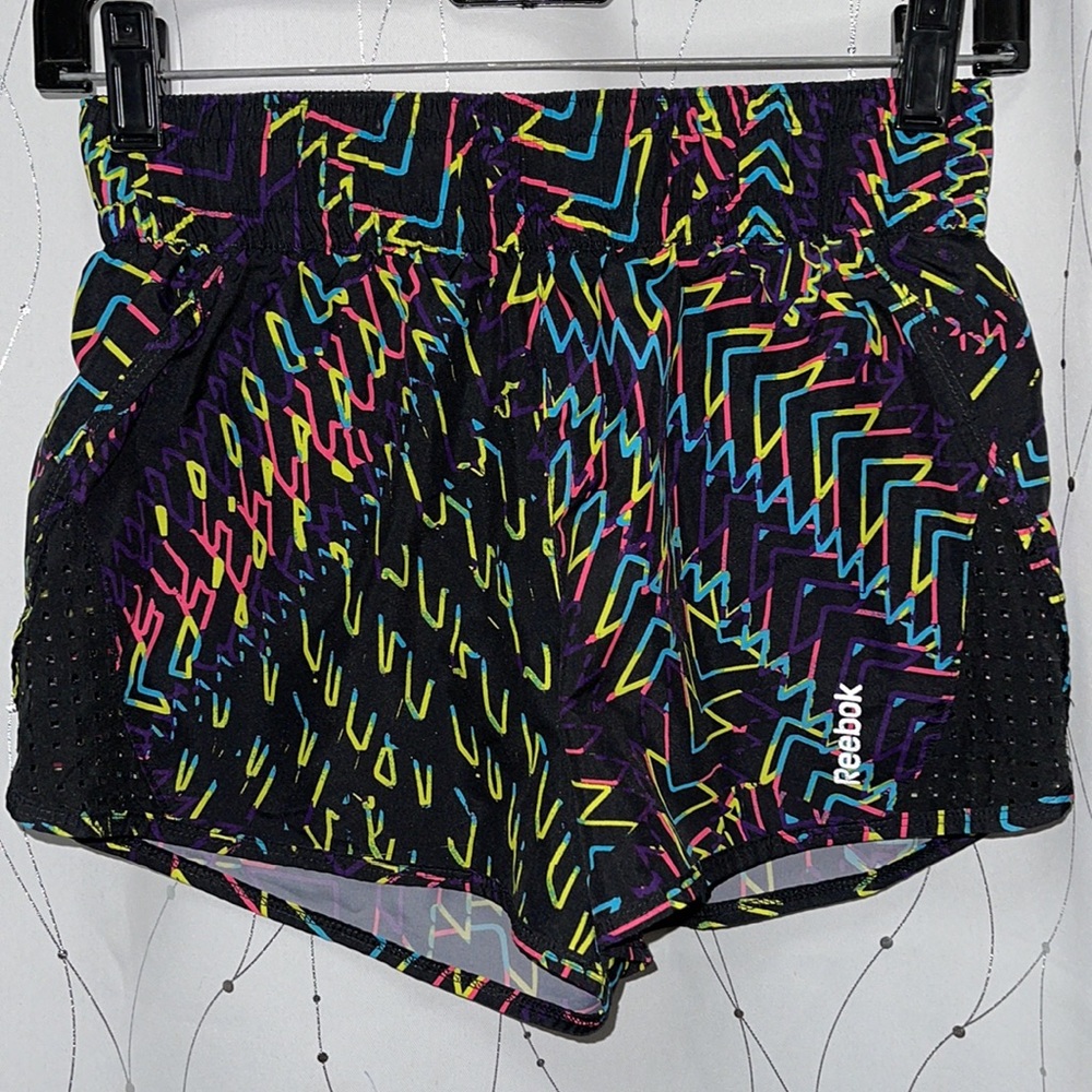 EUC Reebok | Play-Dry semi-fitted black, neon running shorts, mid-rise